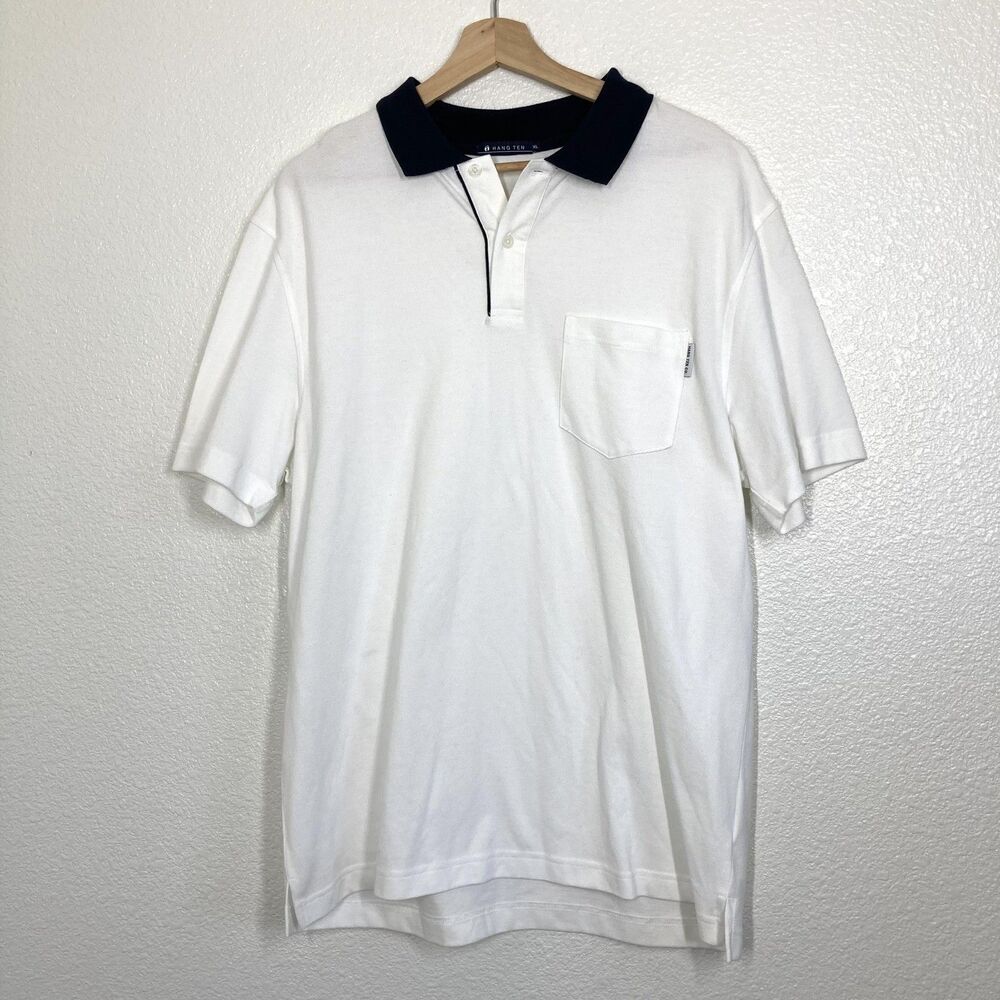 Hang Ten Polo Shirt Mens XL Classic Surf Pocket Top White Navy